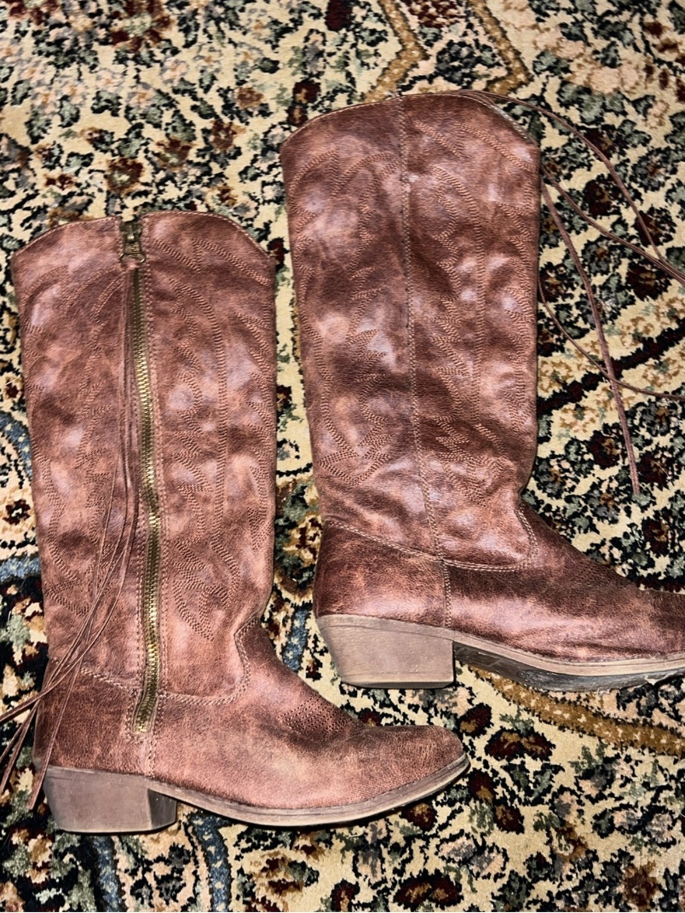 Women's Brown Leather-Look Mid-Calf Heeled Riding Boots